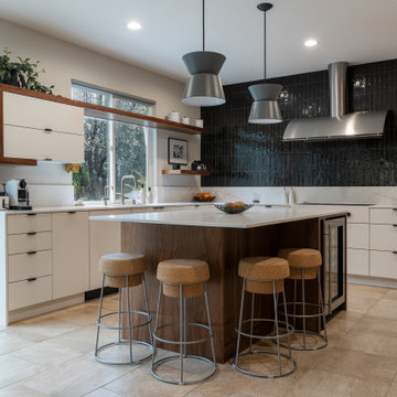 Black and White Kitchen with Walnut Accents
