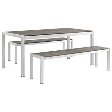 Modway Shore 3-Piece Outdoor Patio Wood and Aluminum Dining Set in Silver/Gray