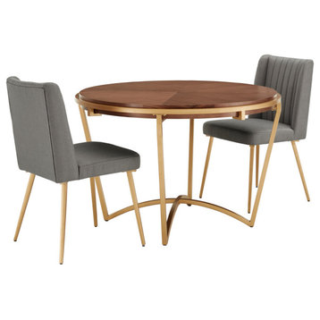 Shelley Natural Wood and Gold Metal Dining Set, Grey, 3 Piece Set