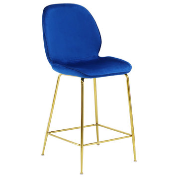 Tara Velvet Bar Chairs with Gold Plated Legs, Set of 2, Navy, 29"