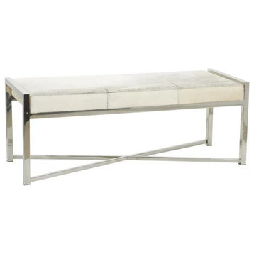 Contemporary Accent Bench, Shiny Stainless Steel Base & Comfortable Leather Seat