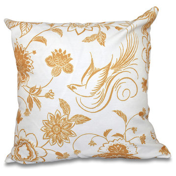 Traditional Bird Floral, Floral Print Pillow, Gold, 26"x26"