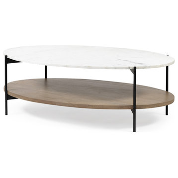 HomeRoots Oval White Marble Top and Black Metal Base Coffee Table W/ Wood Shelf