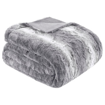 Madison Park Faux Tip Dyed Brushed Long Fur Throw, Gray
