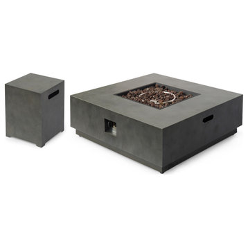 GDF Studio Jasmine Outdoor Dark Gray Iron 40" Square Fire Pit Set, 50,000 BTU, Concrete Finish