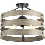 Progress Lighting - Gulliver 3-Light Semi-Flush Convertible - Three circular bands wrap together to create an open design in Gulliver. Hand painted to emulate weathered driftwood, the Graphite frame is accented by smooth knobs and encases exposed bulbs. The wood grained texture complements rustic farmhouse home decor.