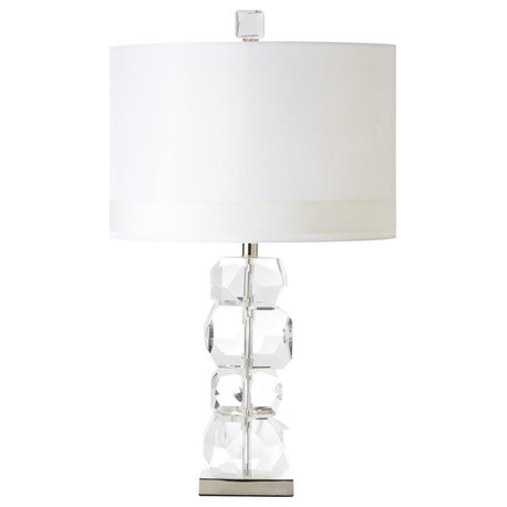 Allie Modern Oval Ivory Silk Shade Stacked Gemstone Crystal Table Lamp, Short