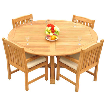 5-Piece Outdoor Patio Teak Dining Set, 72" Round Table, 4 Devon Arm Chairs