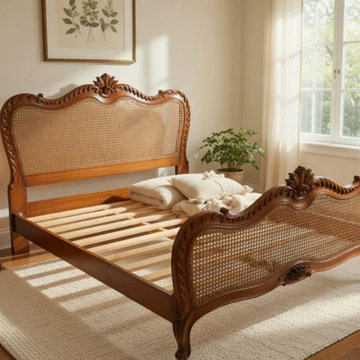 Hand-Carved French Country Cane Bed Frame | Louis XV Style Natural Wood