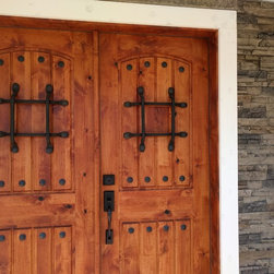 Rustic Mahogany Door with Button Clavos, Easy Speak Window and Grill - Front Doors