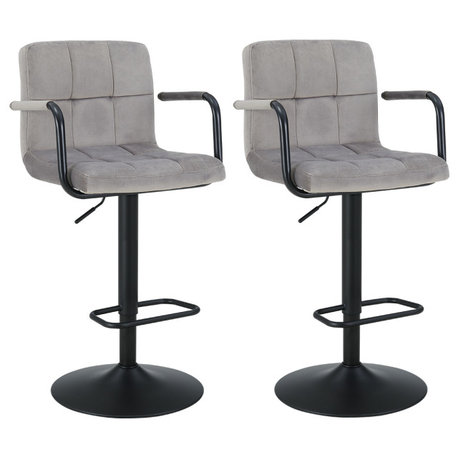 Set of 2 Open Arms Tufted Bar Stools, Grey-Velvet