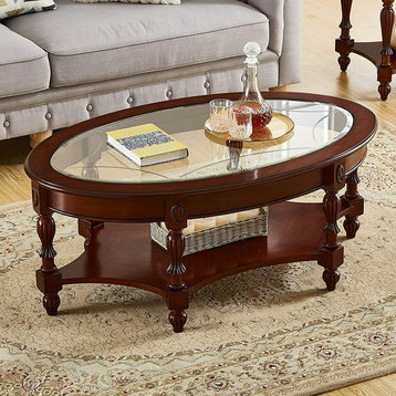 Modern Coffee Table, Wood Construction With Carved Legs & Glass Top, Dark Brown
