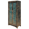 Oriental Distressed Black Teal Blue Lacquer Slim Storage Cabinet Hcs6116