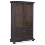 Hooker Furniture - Big Sky Small Wardrobe - With a tactile appeal and a vintage design, the Big Sky Small Wardrobe is striking in a black Charred Timber finish over Pecky Hickory Veneers contrasting with finished burlap on the door fronts. Behind the two doors is one removable clothes rod, two adjustable shelves and four self-closing drawers. Accented by dark brushed bronze bar pulls and chic bun feet.