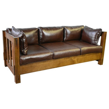 Crafters and Weavers Heartland Mission Slat Sofa - Solid Oak And Leather