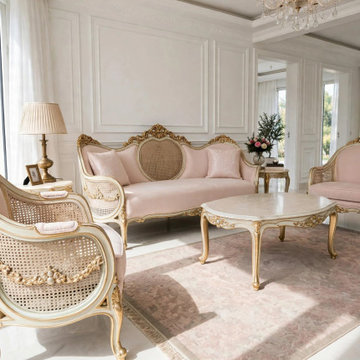 Hand Carved Solid Teak Wood Sofa Set | French Rococo Elegant Living Room Furnitu