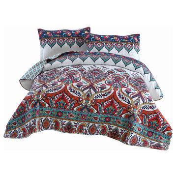 Bohemian Earthy Meadow Quilted Bedspread Set,  Floral Paisley, Twin