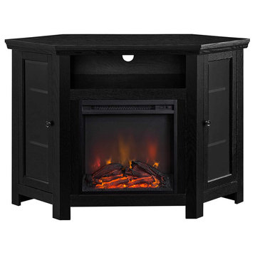 Farmhouse Corner TV Stand, 2 Side Glass Doors With Central Fireplace, Black