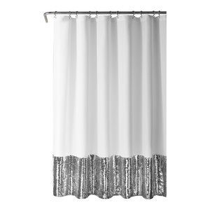 Sinatra Silver Fabric Shower Curtain With Sequins Contemporary