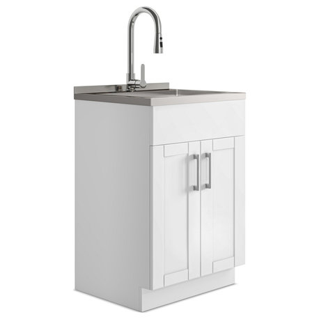 Modern Wide Shaker Laundry Cabinet with Faucet and Stainless Steel Sink, White, 24"