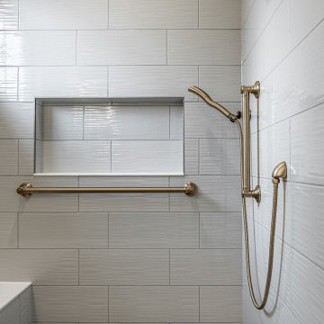 Transitional Primary Bathroom Remodel | Navy Vanity & Walk-In Shower
