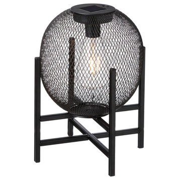 11.5"H Metal Mesh Black Solar Powered Outdoor Lantern With Stand