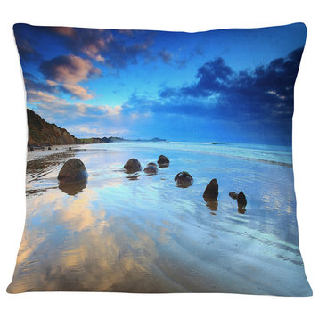 Moeraki Boulders Under Cloudy Sky Seashore Photo Throw Pillow, 18"x18"