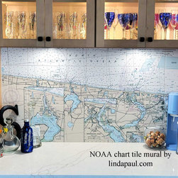 Bar Backsplash with NOAA nautical chart backsplash mural by Linda Paul Studio. - Tile Murals