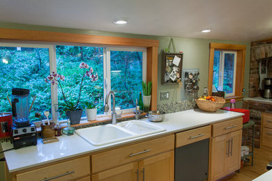 Example of a classic light wood floor kitchen design in Other with a drop-in sink, flat-panel cabinets, light wood cabinets, quartz countertops, multicolored backsplash, paneled appliances and no island