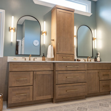 Spa Like Primary Bathroom Remodel with Warm Wood & Brass Details