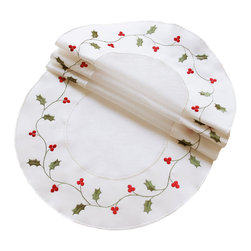 Xia Home Fashions - Classic Holly Embroidered Christmas Doilies, 8" Round, Set of 4 - Placemats