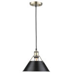 Golden Lighting - Orwell 1-Light Pendant, 10", Aged Brass With Black Shade - Orwell is an extensive assortment of industrial style fixtures. The beauty and character of the collection are in the refined details. This transitional series works well in a variety of settings. Partial shades shield the eyes from possible hot spots, while the open tops tease onlookers with a view of the sockets and bulbs. The design allows light and heat to escape from above and below the metal shades, providing both task and ambient lighting. Edison bulbs are recommended to compete the vintage, industrial look of the fixtures. A choice-selection of finish and shade color combinations heighten the appeal of the series. Opal glass shades are available for bath fixtures. Single pendants are suspended from woven fabric cords while multi-light fixtures are rod-hung.