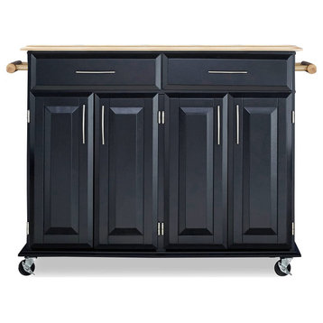 Modern Kitchen Cart, Locking Casters With Spacious Cabinets and Drawers, Black