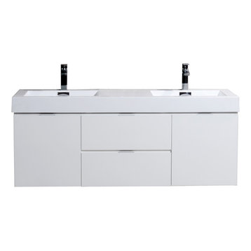 Bliss 60" Double Sink Wall Mount Bathroom Vanity, High Gloss White
