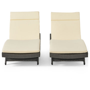 GDF Studio Nassau Outdoor Gray Wicker Chaise Lounge, Beige Cushions, Set of 2
