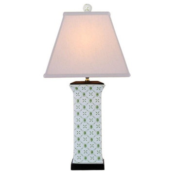White and Green Geometric Square Vase Porcelain Table Lamp, 27”