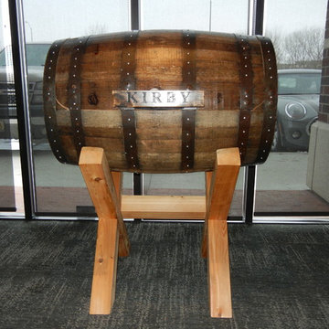 Reclaimed whiskey barrel cooler.