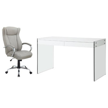 Home Square 2-Piece Set with Wood and Glass Desk & Computer Chair in Light Gray