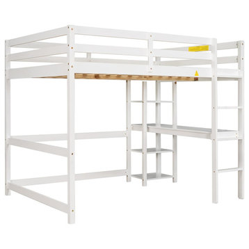 Modern Loft Bed, Full Size Design With Built, Desk and 4 Open Shelves, White