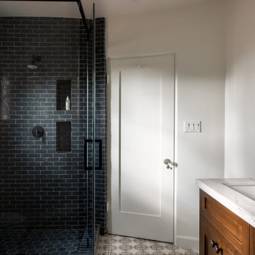 Modern Brentwood Bathroom with Custom Wood Vanity and Bold Tile Shower