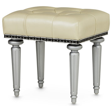 Hollywood Swank Tufted Leather Vanity Bench, Creamy Pearl