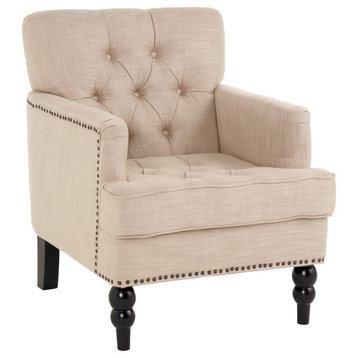 Classic Accent Chair, Diamond Button Tufted Seat, Nailheaded Track Arms, Beige
