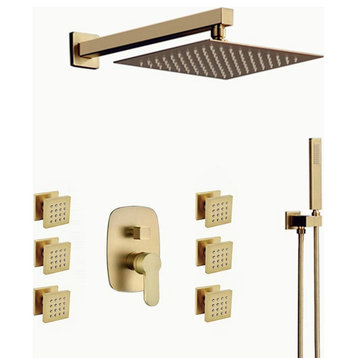 Fontana Napoli Luxury Brass Brushed Gold Wall Mount Rainfall Shower System