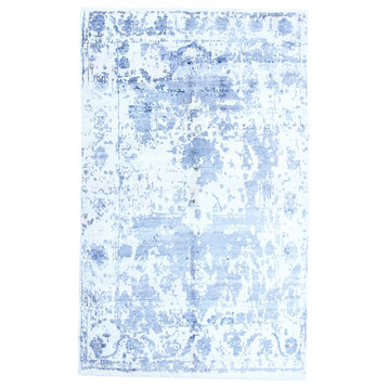 Modern Hand Knotted Rug, Blue, 5'x8'