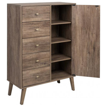 Retro Dresser, 5 Drawers & Cabinet Door With Brushed Brass Pulls, Drifted Gray