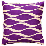 Kashmir Designs - Contemporary Waves Vivid Violet I Decorative Pillow Cover Handmade Wool 18x18" - Kashmir is proud to bring together the modern abstract vector design pillow collection, hand embroidered by the finest artisans of Kashmir, into the living spaces of patrons and connoisseurs’ all around the world. These unique, seamless and modern pillows would bring together the artistic elements of any room, creating a harmonious design and perfect air of sophistication.