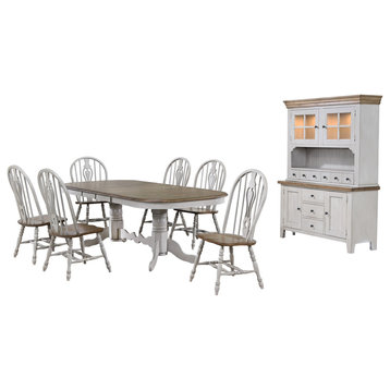 8 Piece Double Pedestal Extendable Dining Table Set, Distressed Gray/Brown