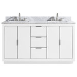 Avanity Corporation - Avanity Austen 60" Vanity in White with Silver Trim and Carrara White Top - The Austen 61 in. vanity combo is simple yet stunning. The Austen Collection features a minimalist design that pops with color thanks to the refined White finish with brushed silver trim and hardware. The vanity combo features a solid wood birch frame, plywood drawer boxes, dovetail joints, a toe kick for convenience, soft-close glides and hinges, carrara white marble top and dual rectangular undermount sinks. Complete the look with matching mirror, mirror cabinet, and linen tower. A perfect choice for the modern bathroom, Austen feels at home in multiple design settings.