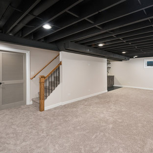 Photo of a large classic fully buried basement in Chicago with white walls, carpet, no fireplace and white floors.