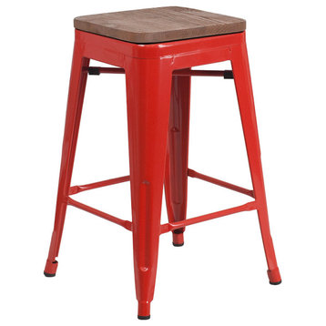 24" High Backless Red Metal Counter Height Stool With Square Wood Seat